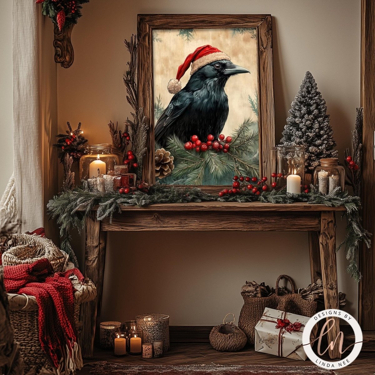 Raven wall decor displayed with a decorated tree, candles and a holiday wreath