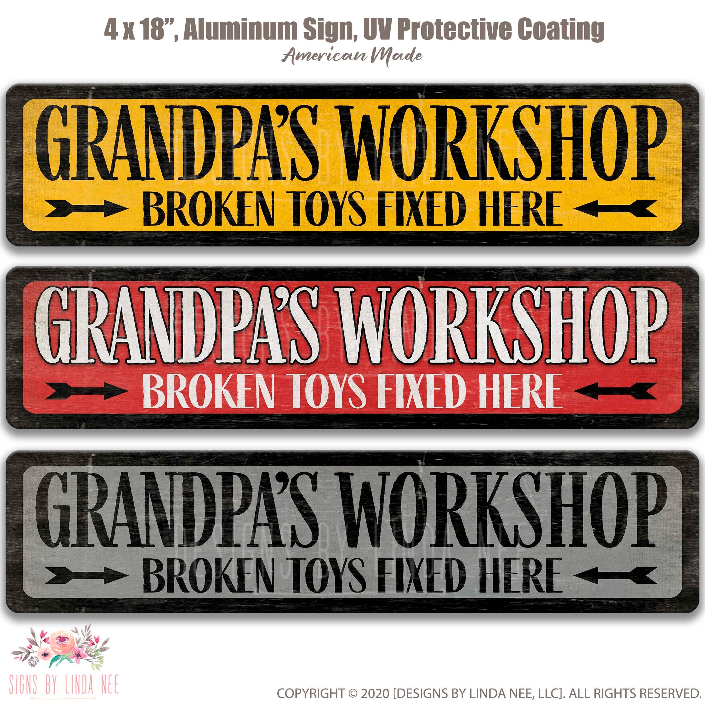 three signs with the same text, indicating that they are all related to Grandpa's Workshop, which is an American-made business.