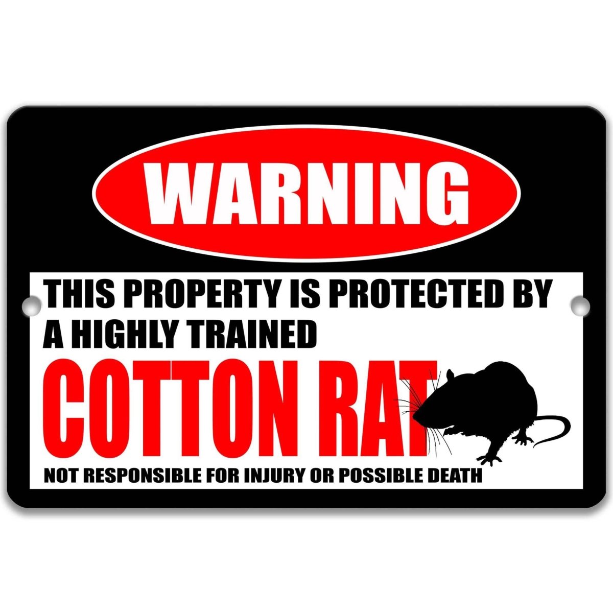 Cotton rat warning metal sign, glossy black, red WARNING oval and cotton rat silhouette