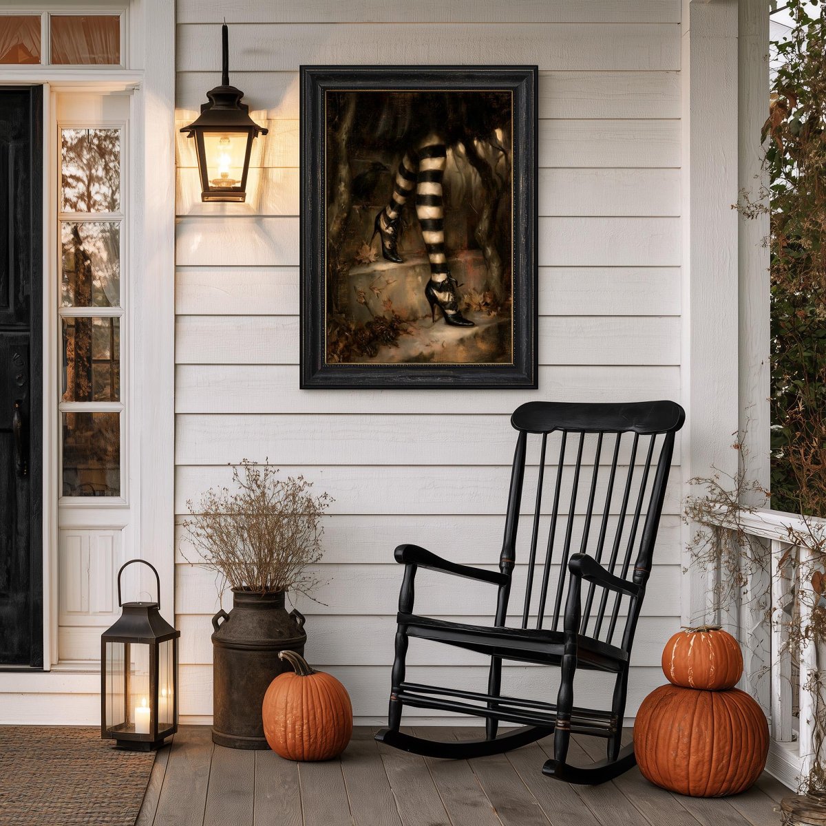 Porch with a black rocking chair, two pumpkins, a lantern, and the stockings print