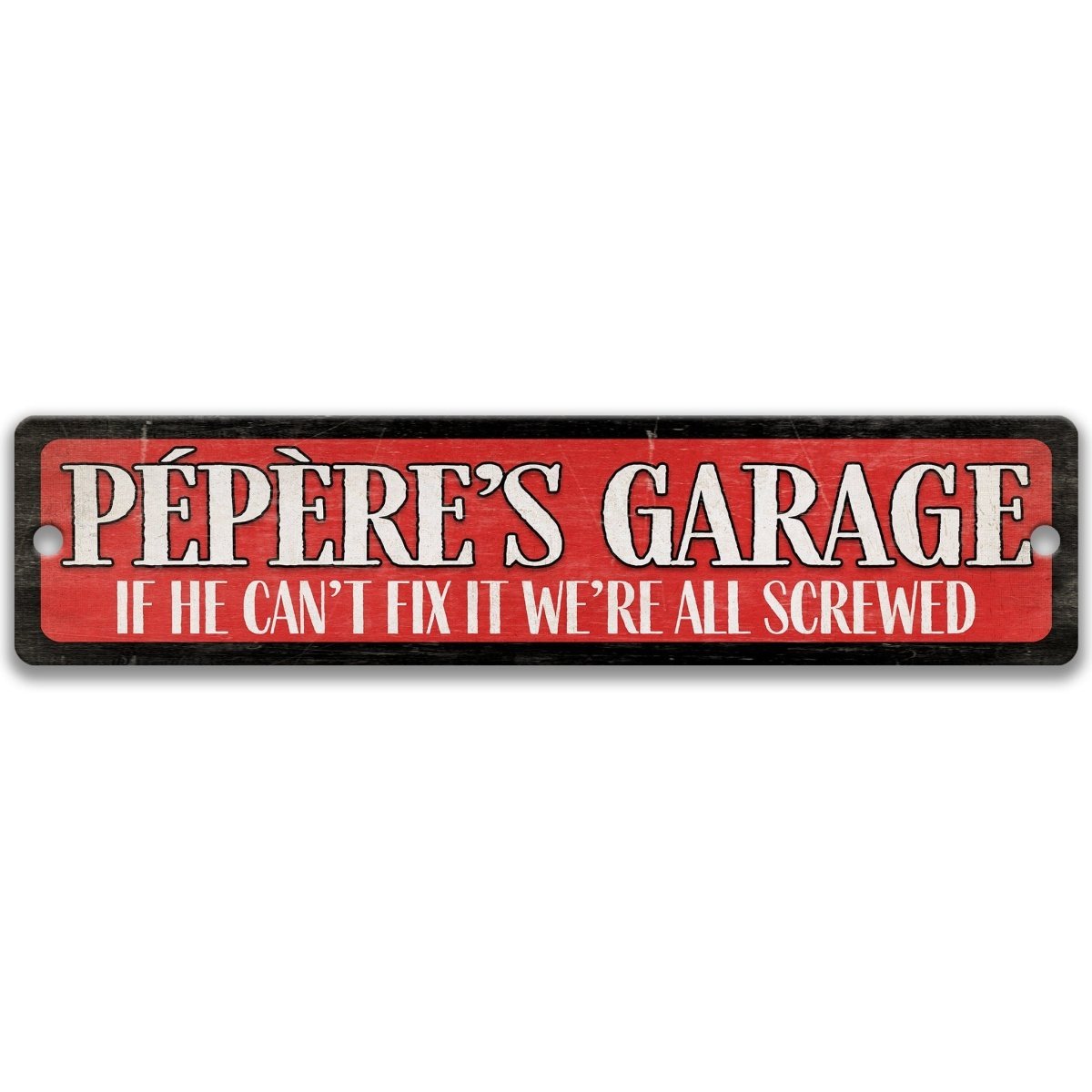 a sign with the text "PEPERE'S GARAGE" in bold red letters on a black background.