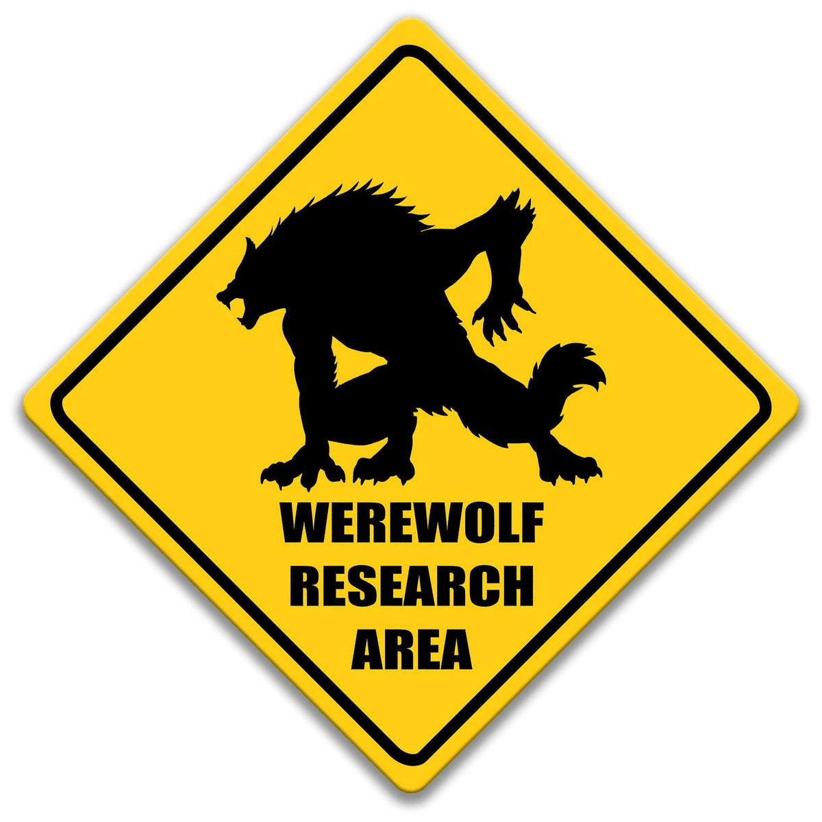 a warning sign with a silhouette of a werewolf and the text "Werewolf Research Area" on it.