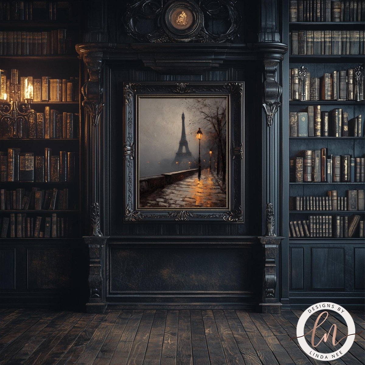 a serene and elegant library scene, with a large framed painting of the Eiffel Tower in the center. The painting is surrounded by bookshelves filled with books, creating a cozy and intellectual atmosphere.
