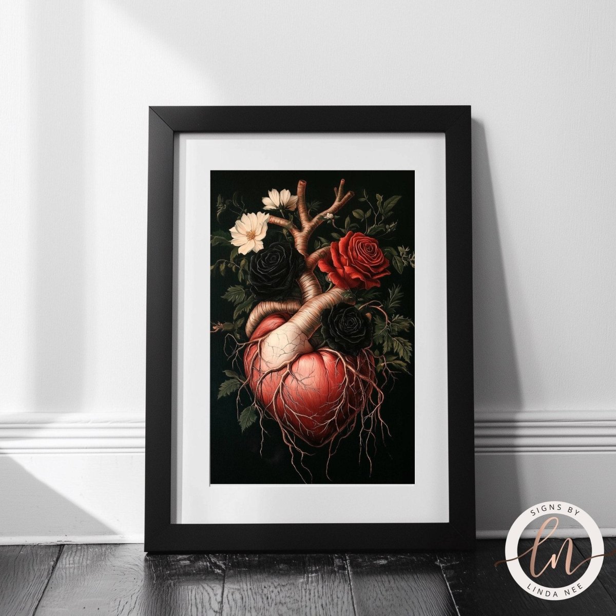 Heart with flowers and roots artwork against a dark background