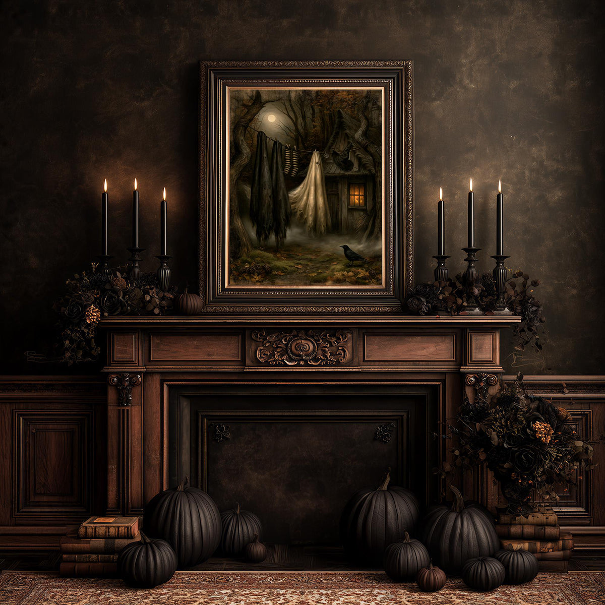 Ornate dark mantel dressed with pumpkins and candles under the witch laundry print