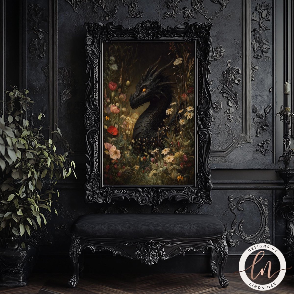 a large, ornate black frame with a painting of a black dragon surrounded by flowers and foliage. The frame is placed on a black bench, which is situated in a dark room with a black wall and a decorative molding.