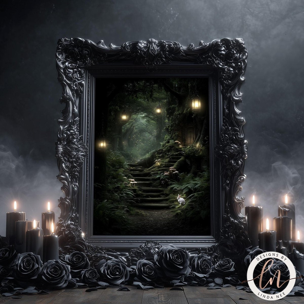 a dark, mysterious forest scene with a winding path leading up to a set of stairs. The scene is framed by an ornate, black-framed picture, and there are lit candles surrounding the frame, creating an atmosphere of mystery and intrigue.