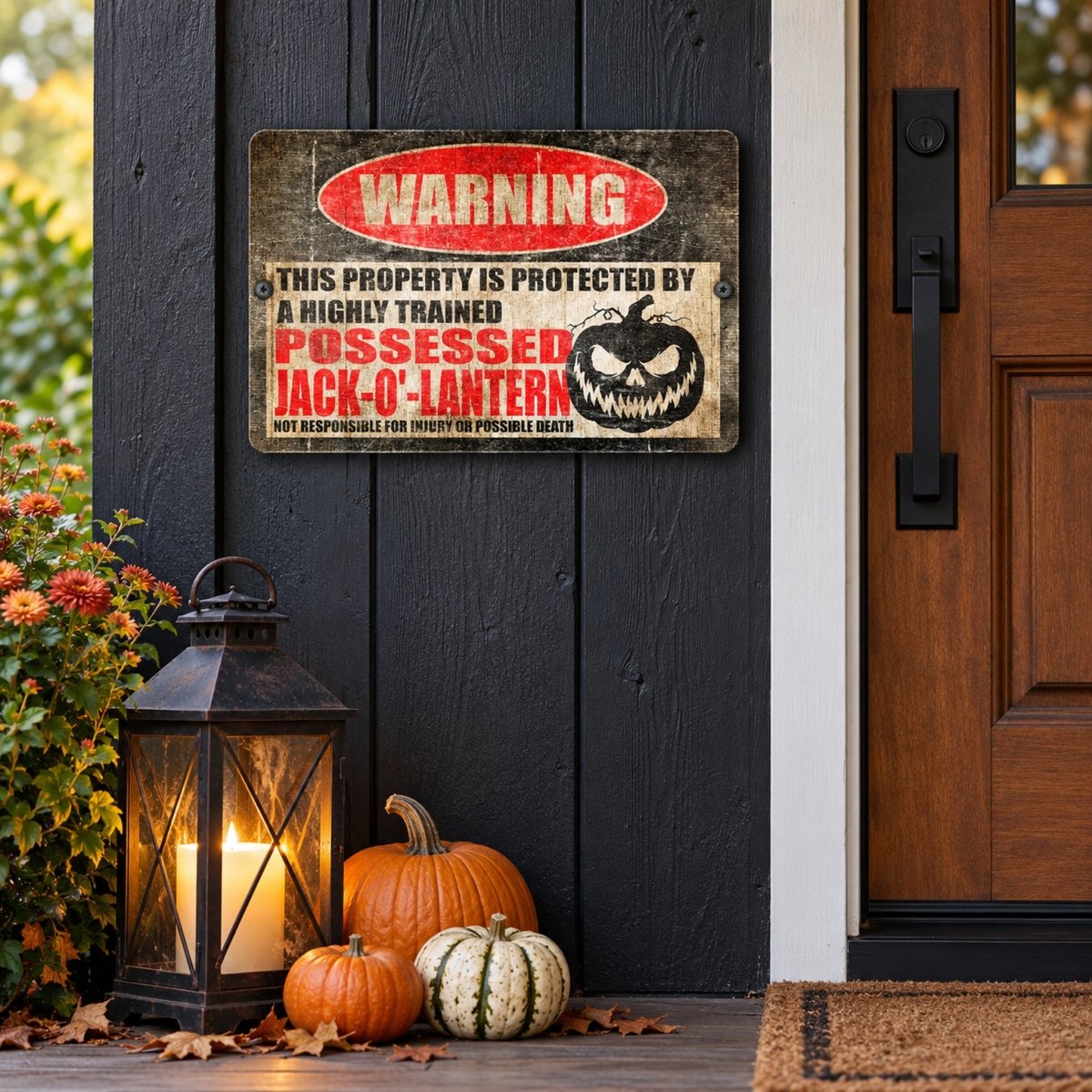 Possessed Jack O Lantern warning sign on a wood wall with a lantern and pumpkins