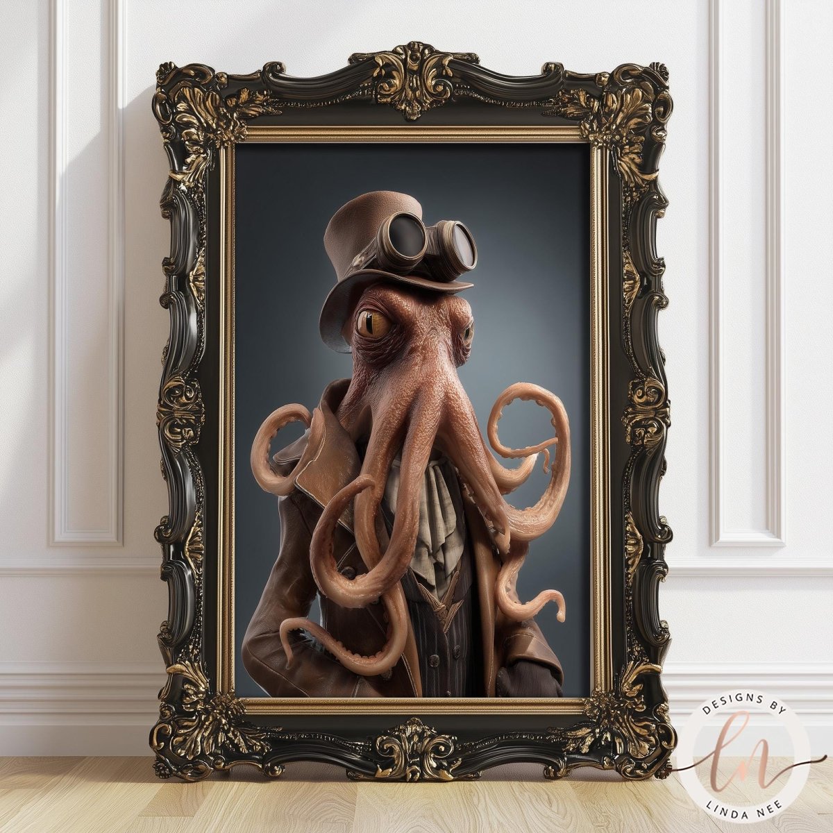 A framed image depicting an octopus wearing a top hat and goggles, with long tentacles extending from its body.