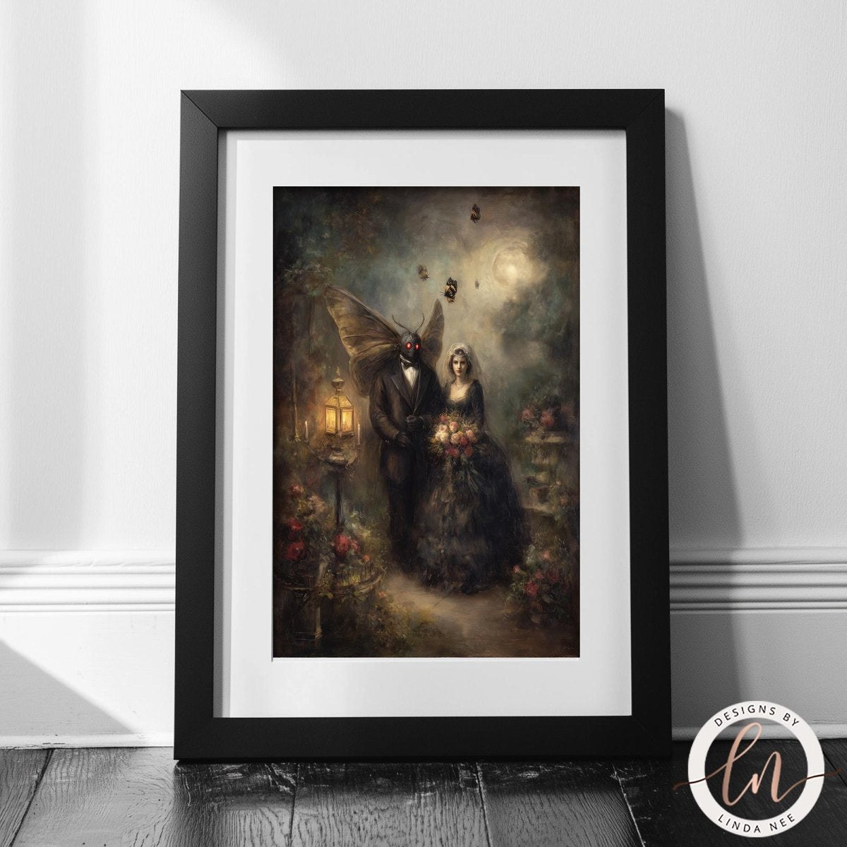 The image is a framed painting depicting a couple dressed in formal attire, standing in a garden setting with a large winged creature in the background.