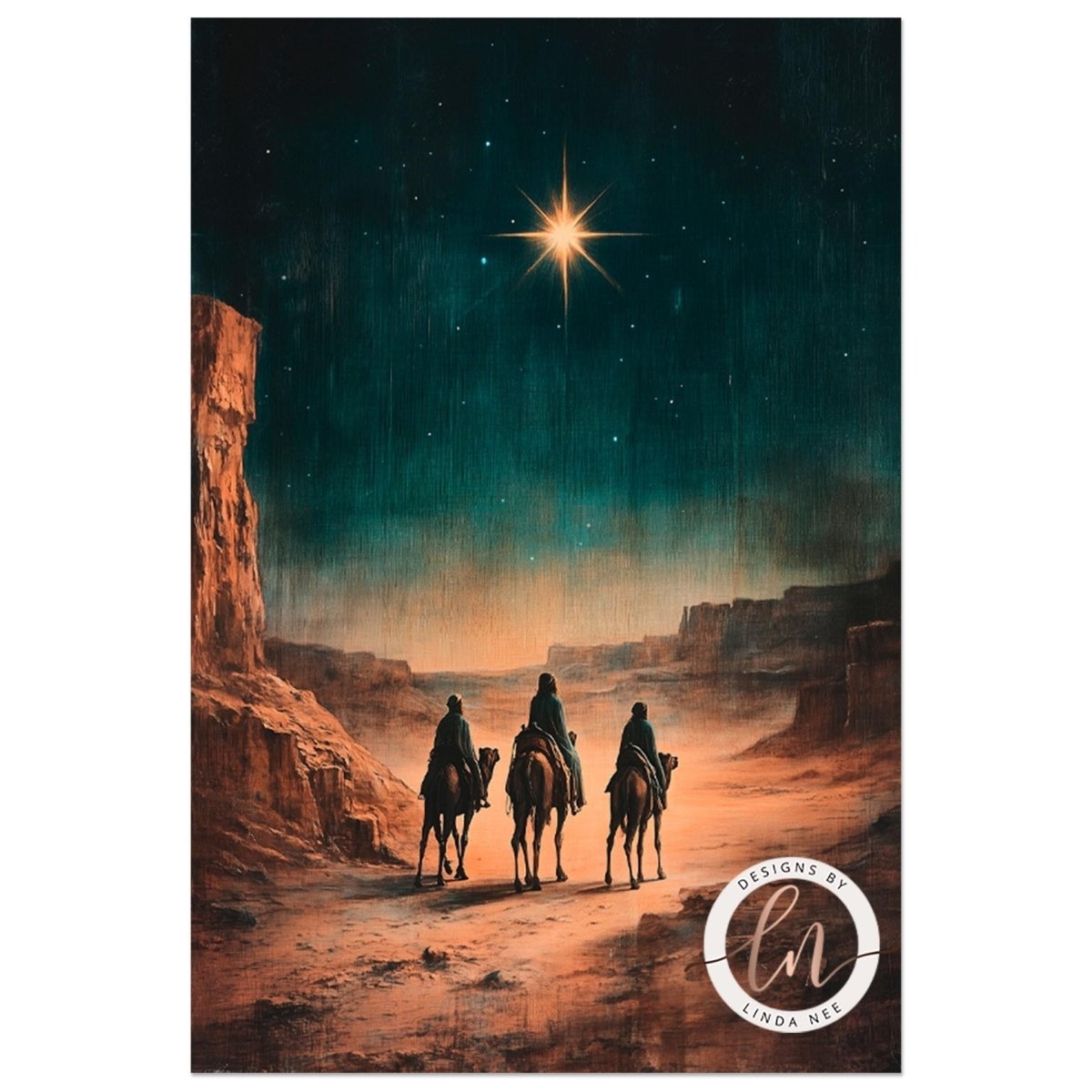 Three wise men riding camels across open desert beneath the stars