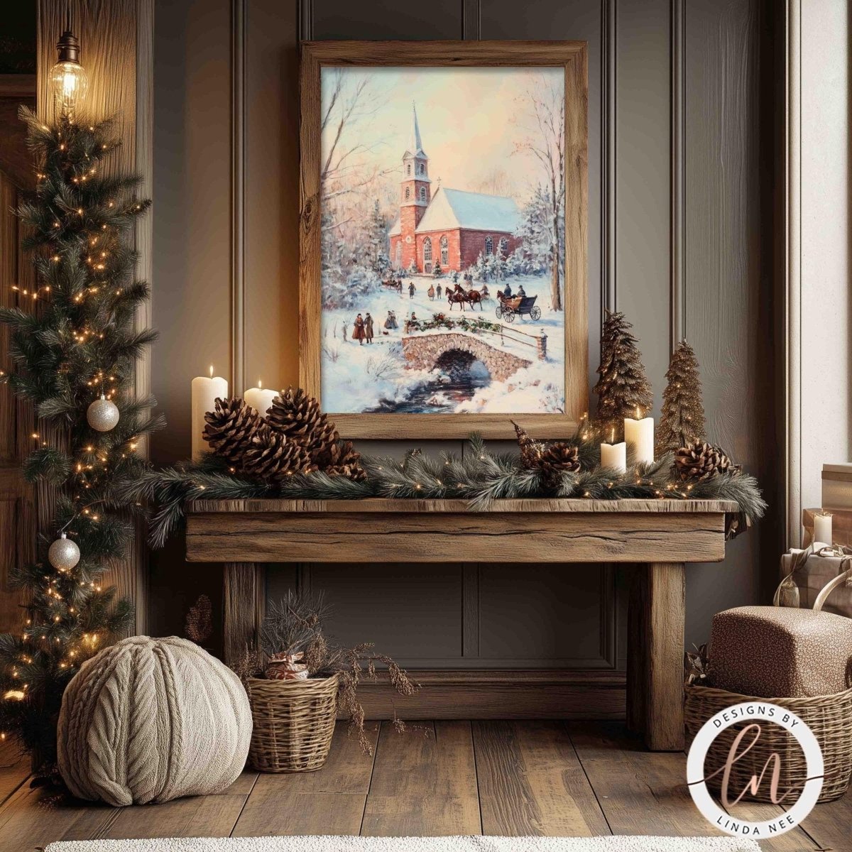 Snowy brick church and snowy landscape painting styled with pine cones