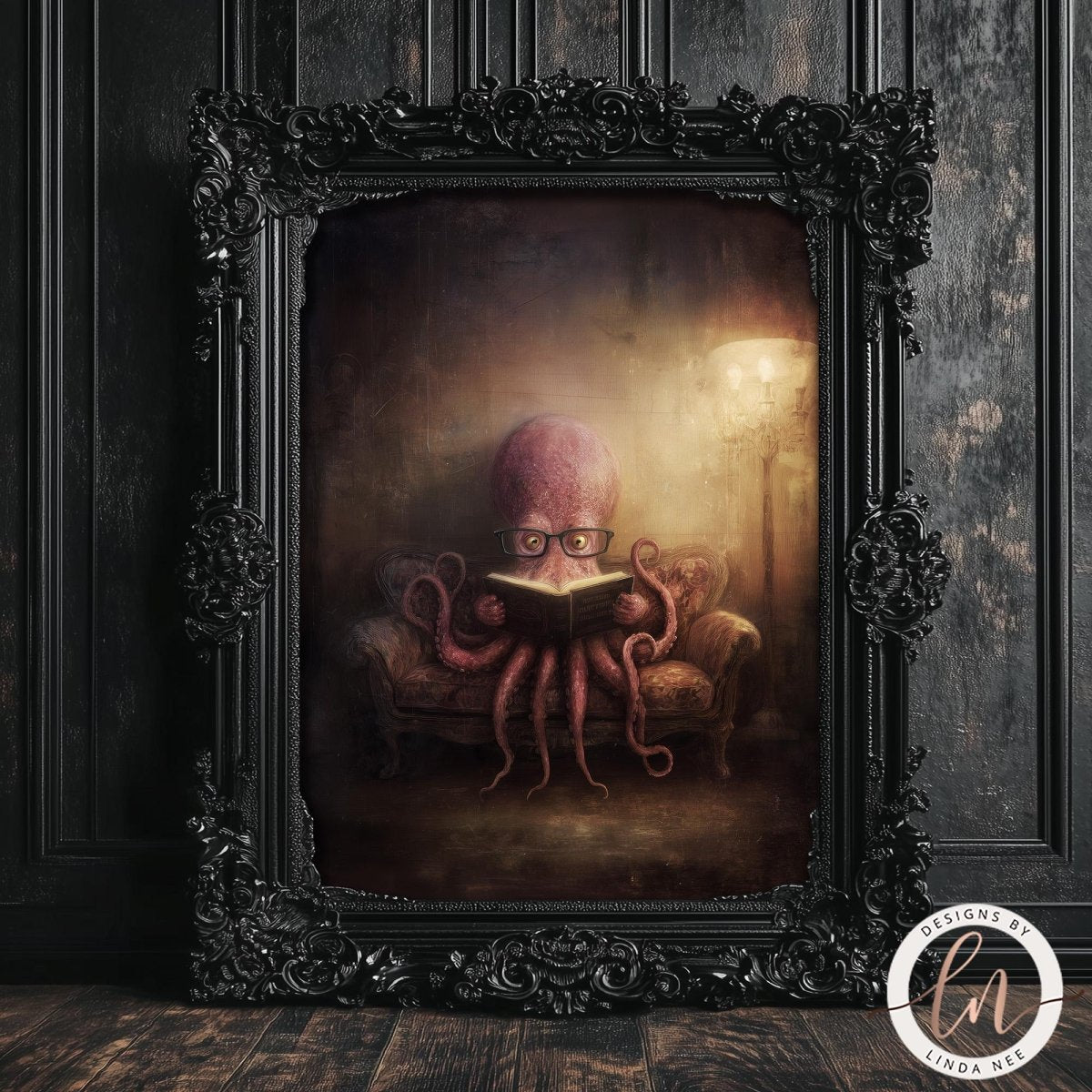 The image is a painting of an octopus sitting on a couch and reading a book.