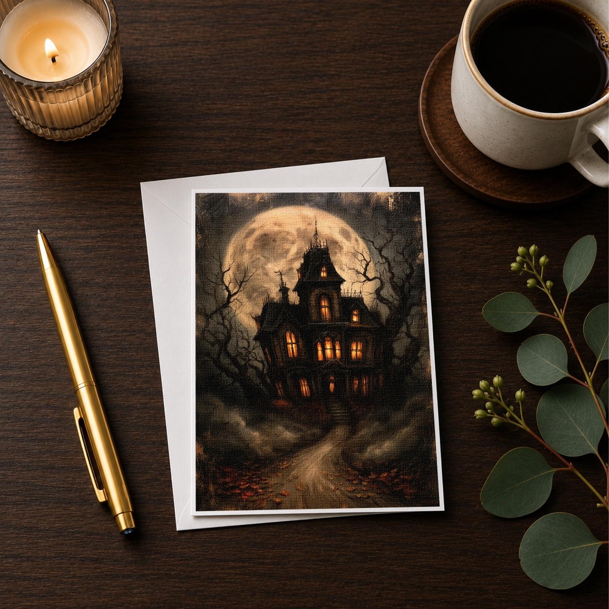 Victorian haunted house Halloween note card styled with a candle, pen, and coffee