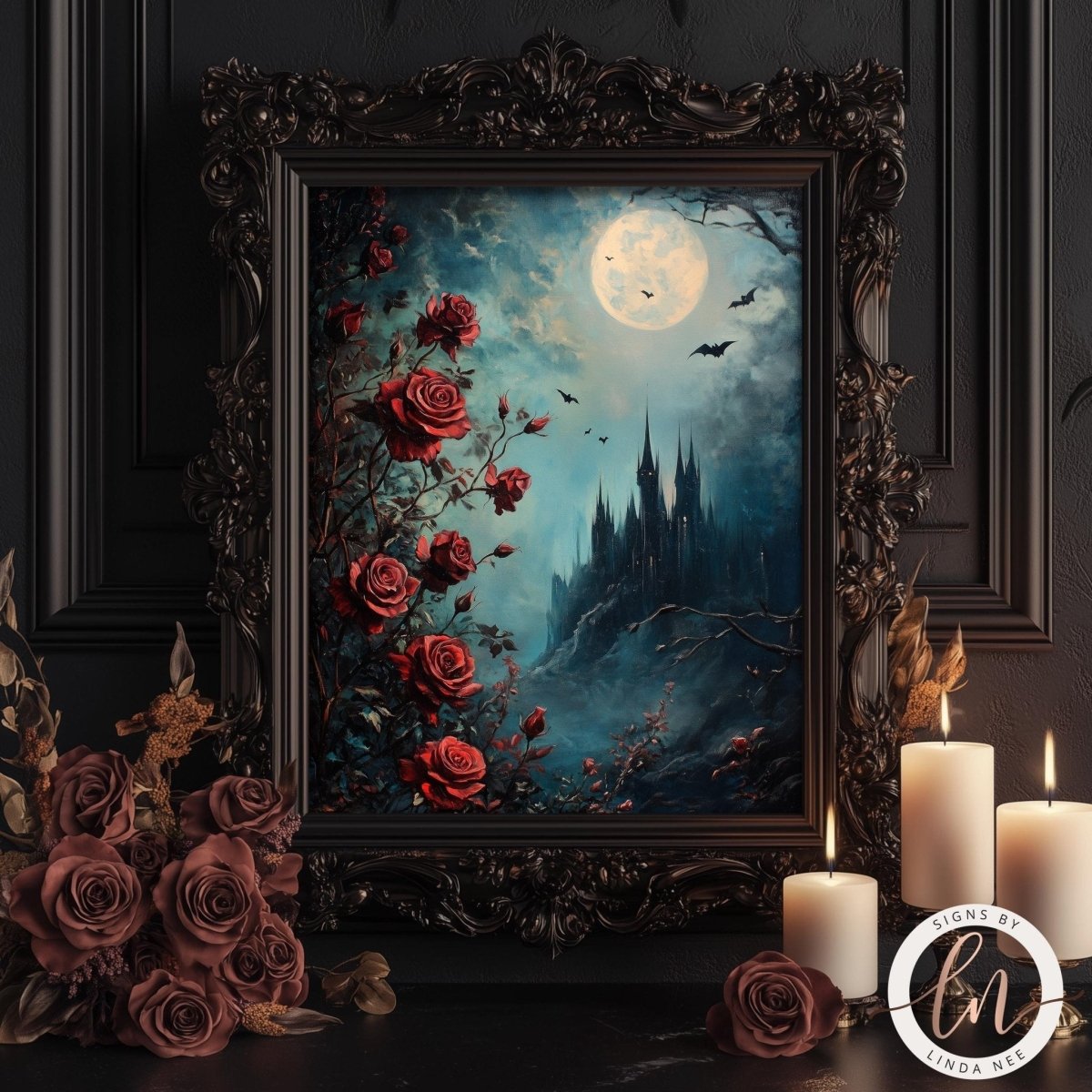 Castle with roses and bats artwork against a full moon sky