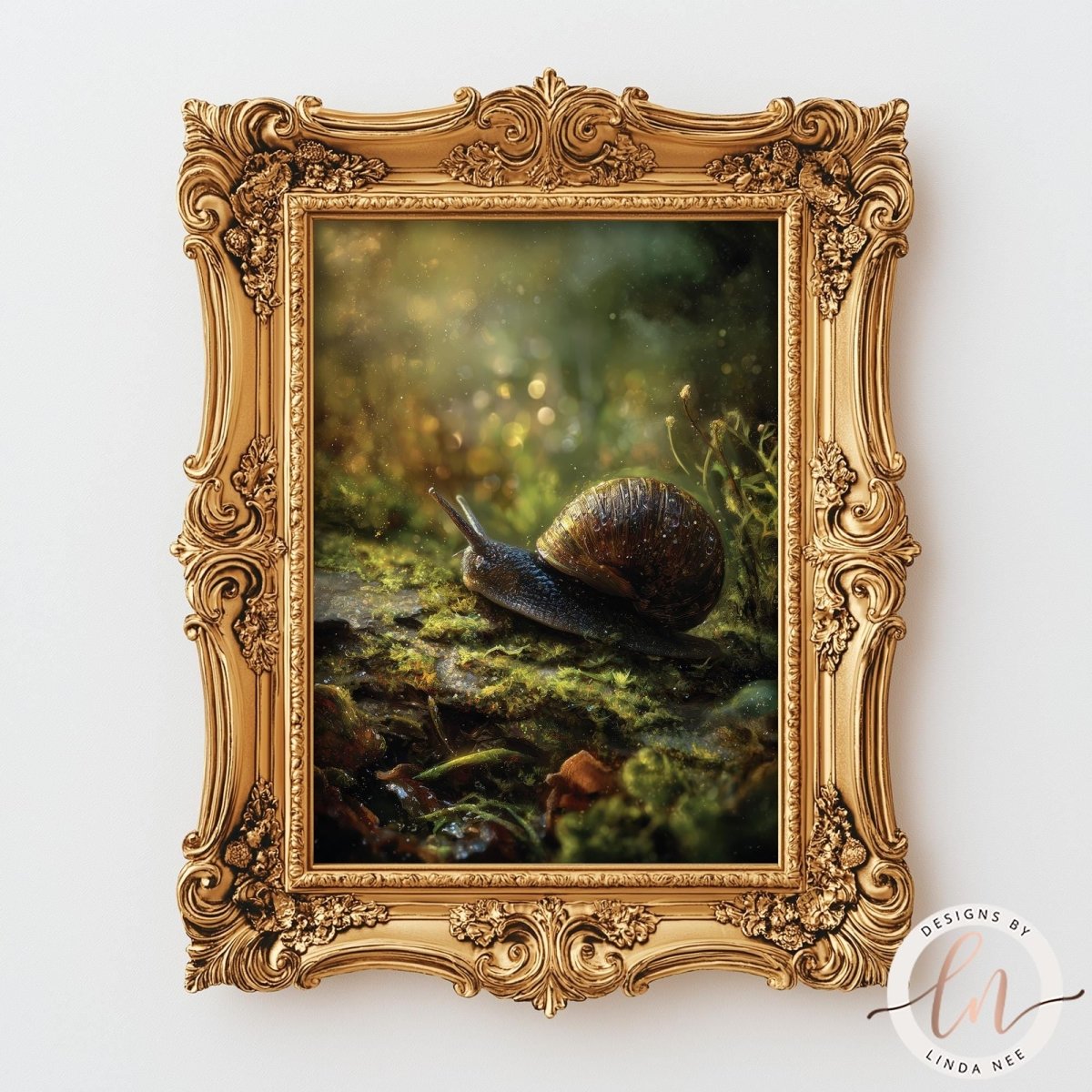A snail with a shiny shell is depicted in a lush, green forest setting, framed in an ornate gold frame.