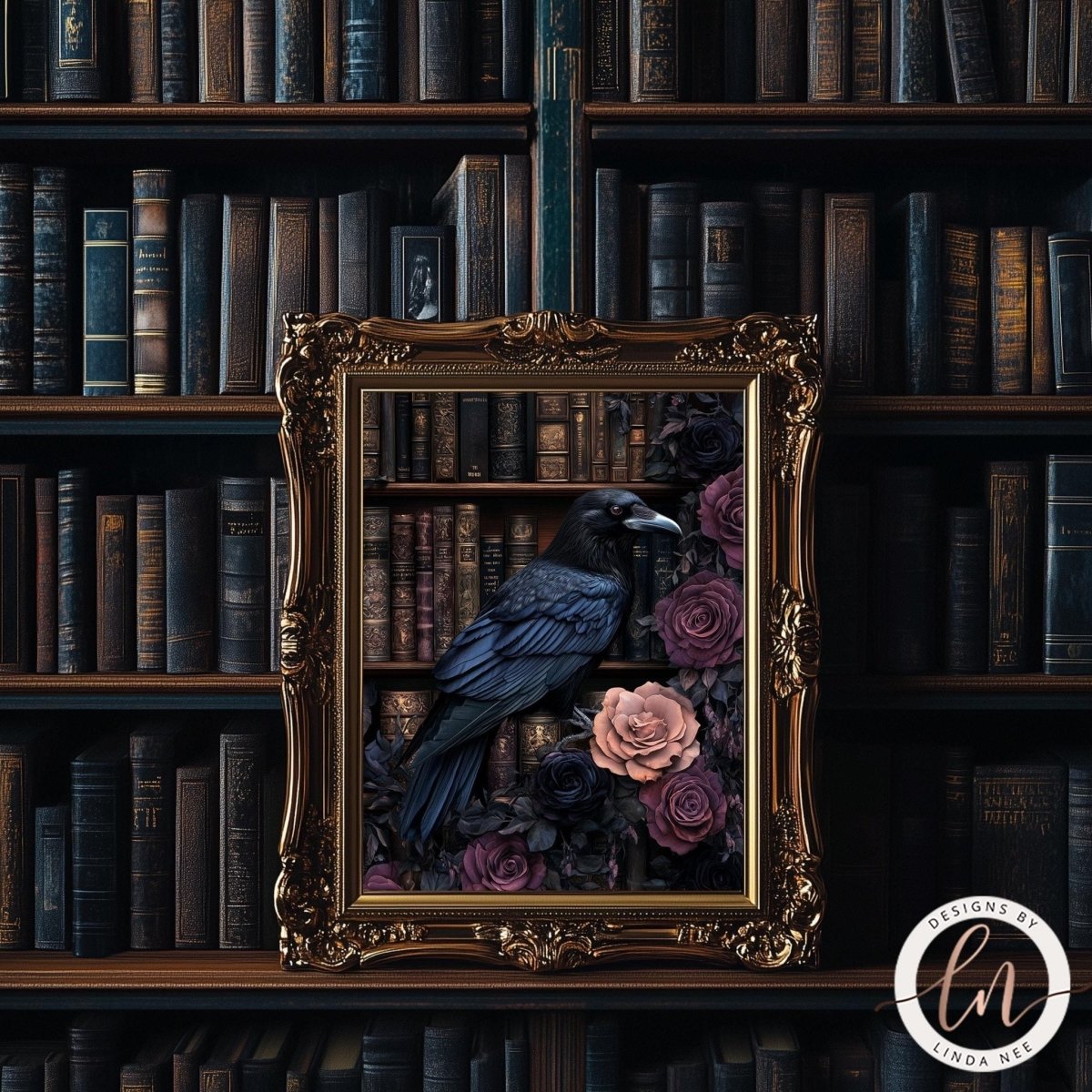 Raven perched on a bookshelf print displayed in an ornate gold frame