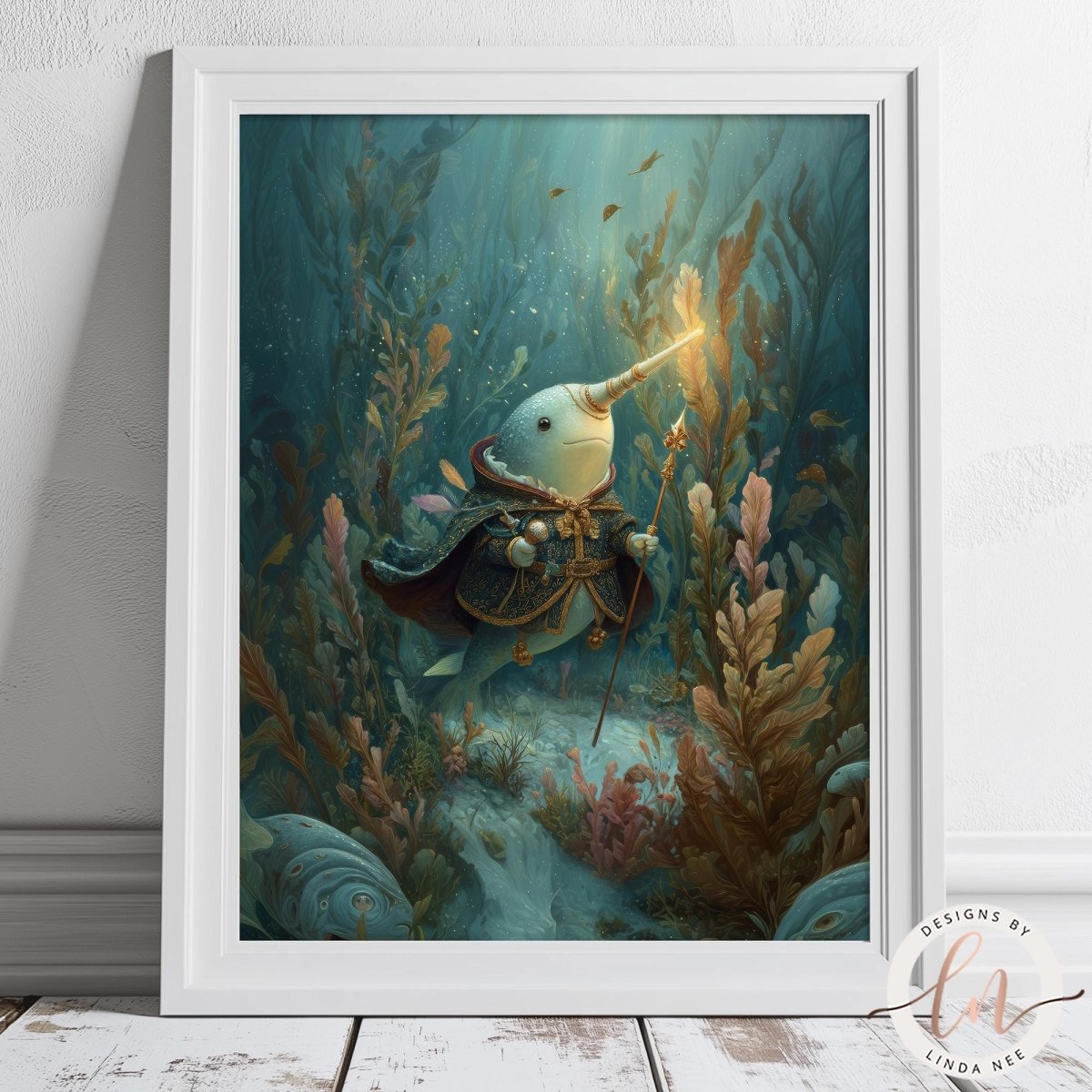 The image is a framed artwork depicting a fantastical creature with a long, curved horn-like object on its head, surrounded by a vibrant underwater scene with various marine life and plants.