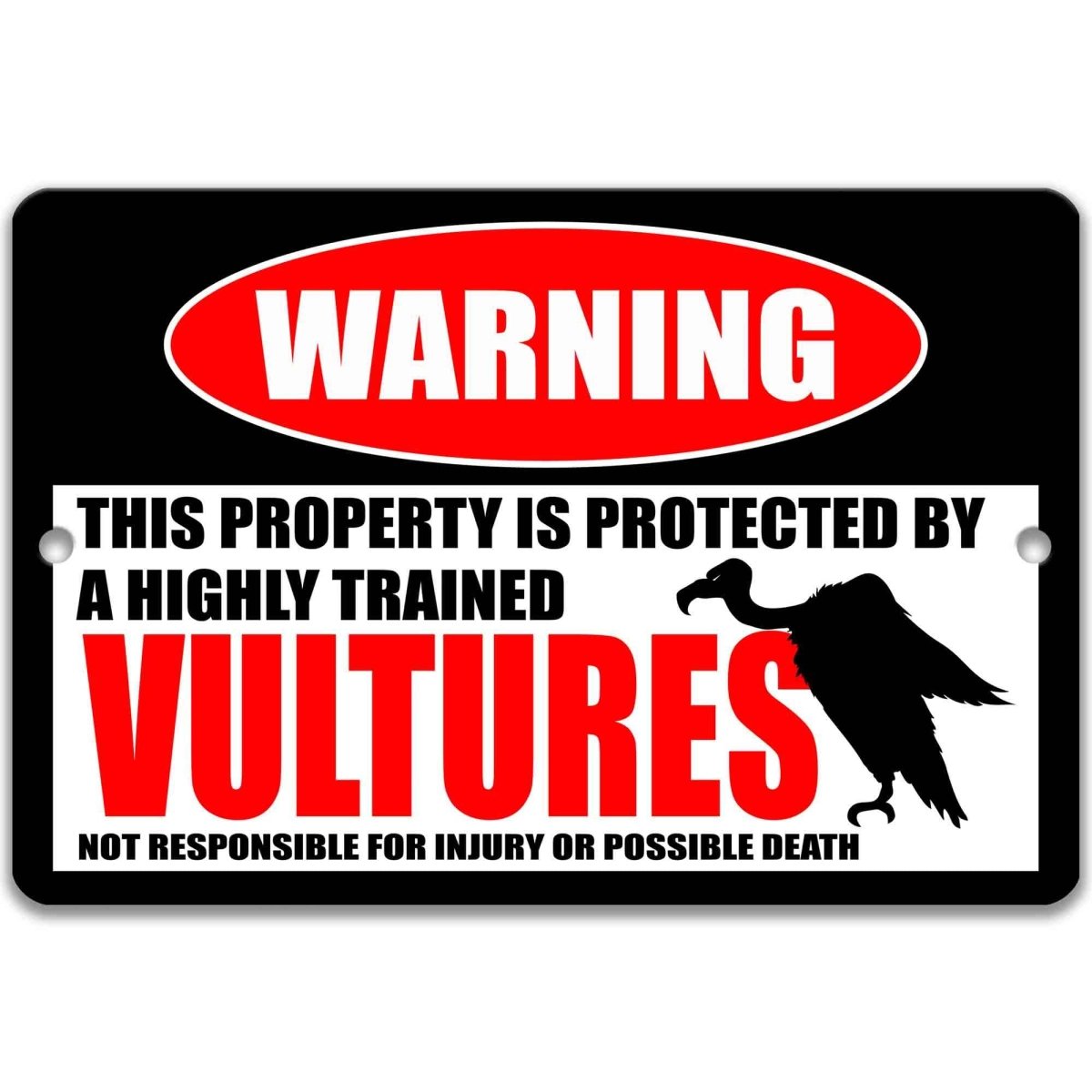 Vulture warning metal sign, glossy black, red WARNING oval and vulture with spread wings silhouette