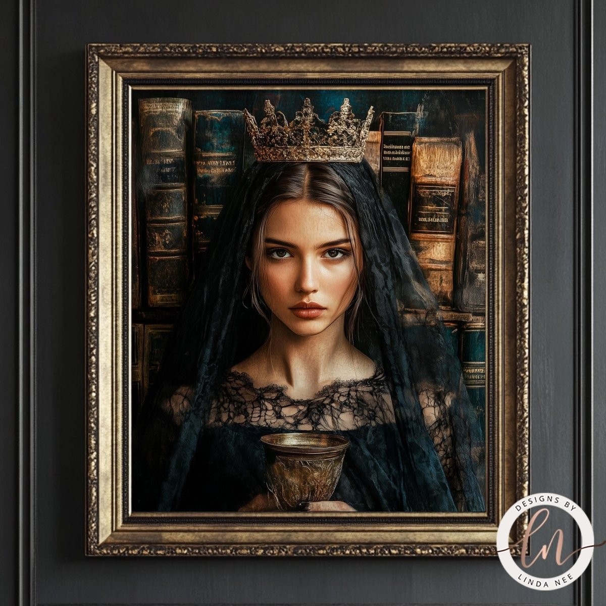 Crowned figure holding a cup framed against a dark background