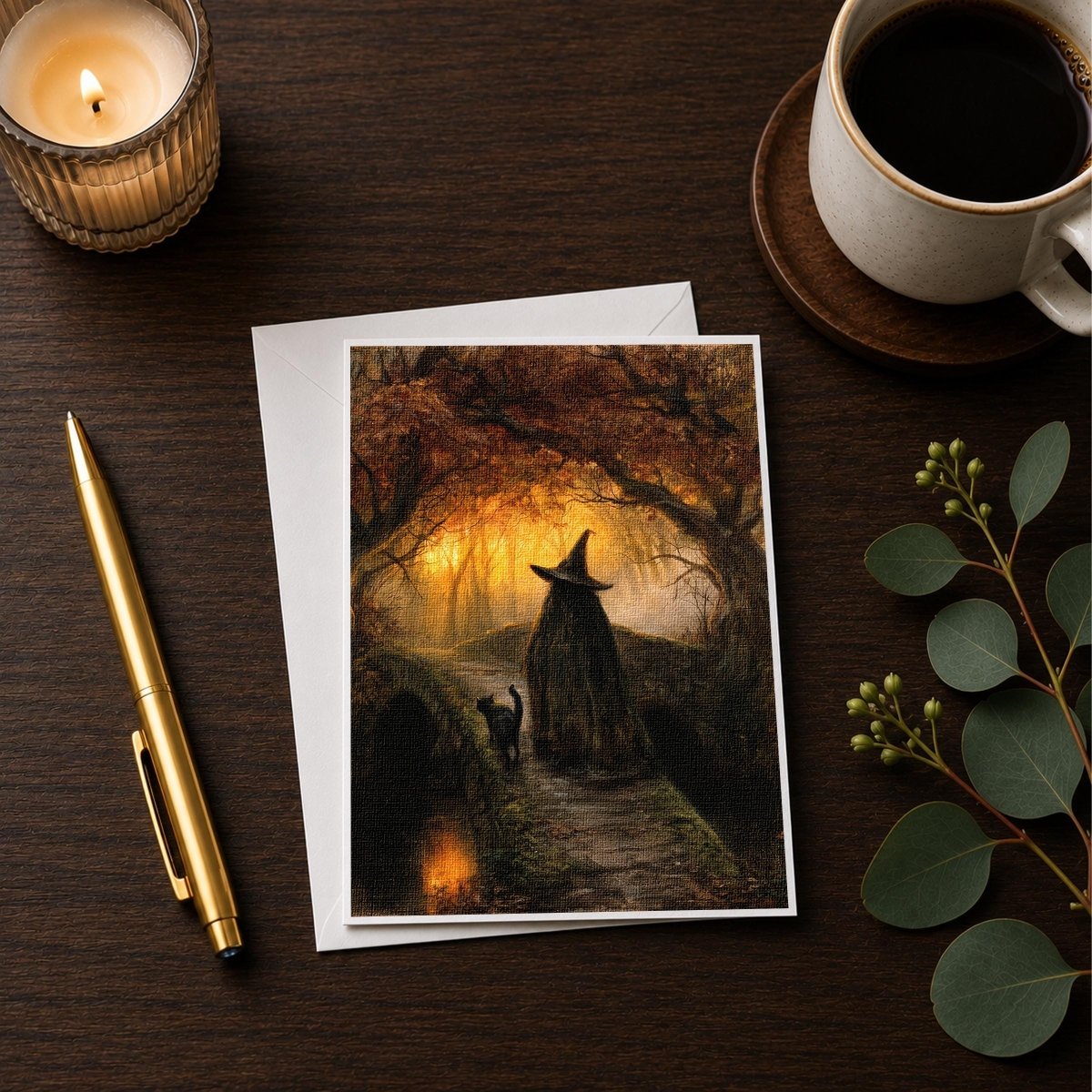 Witch and black cat note card styled on a wooden desk with a candle, a pen and a coffee cup