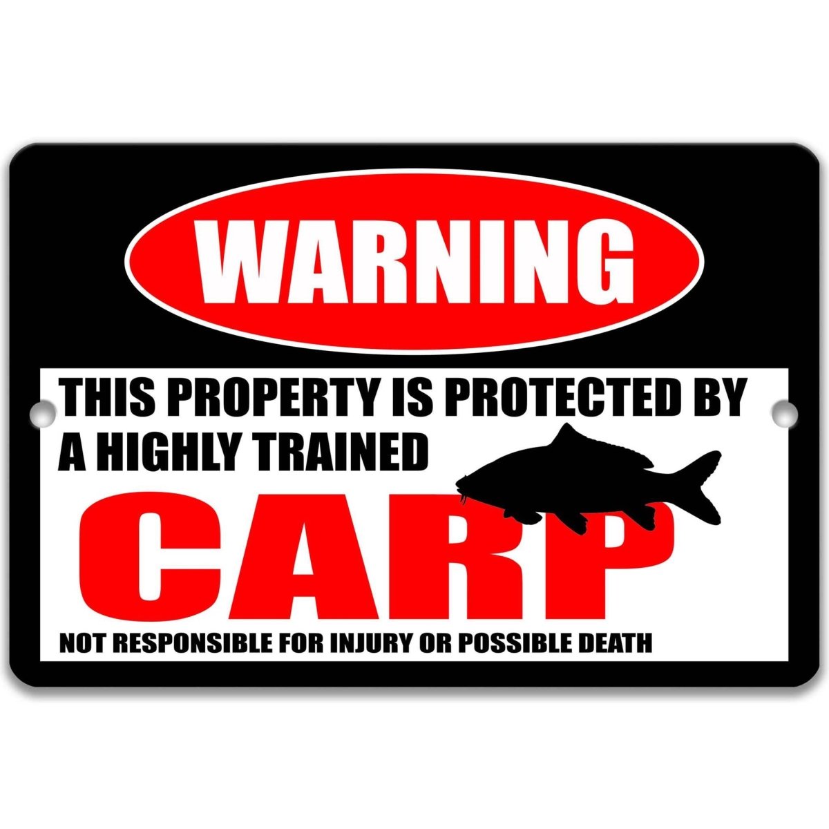 Carp pond warning metal sign, glossy black, red WARNING oval and koi carp silhouette