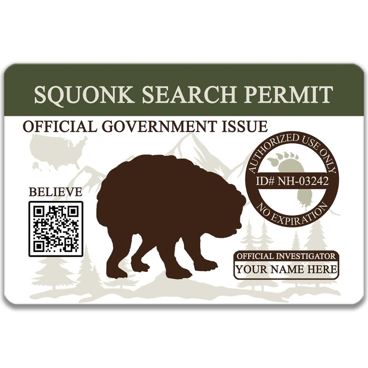 The image is a search permit for a squonk, a bear species native to North America. The permit is designed to be used by an official government official, and it includes a QR code and a bear silhouette.