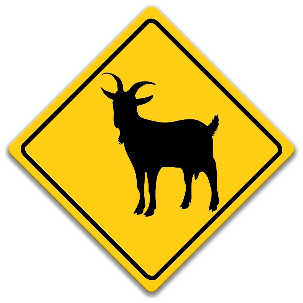 A yellow diamond-shaped road sign with a black silhouette of a goat.