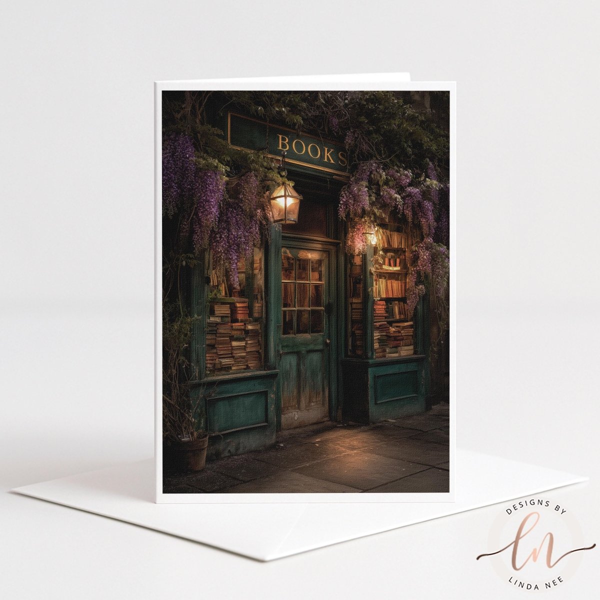 A quaint bookstore with a green door and a sign that reads "BOOKS" is depicted in the image. The store is adorned with purple flowers and has a warm, inviting atmosphere.