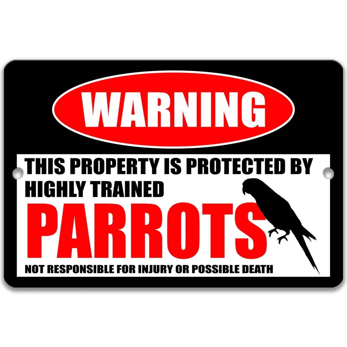 Parrot warning metal sign, glossy black, red WARNING oval and parrot-on-perch silhouette