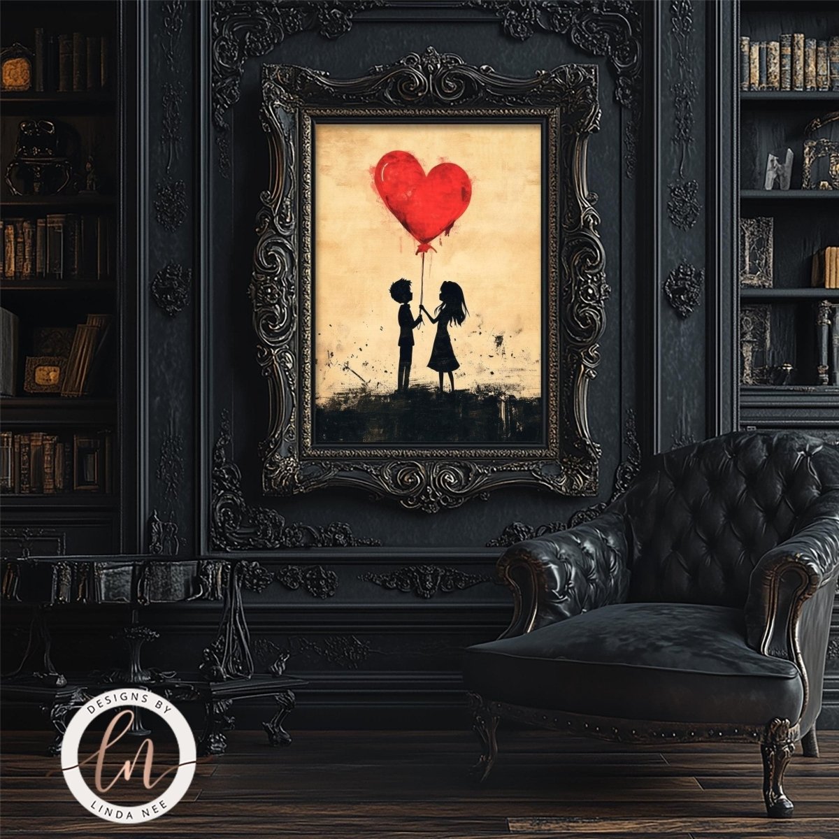 Couple silhouette holding a red heart shaped balloon together
