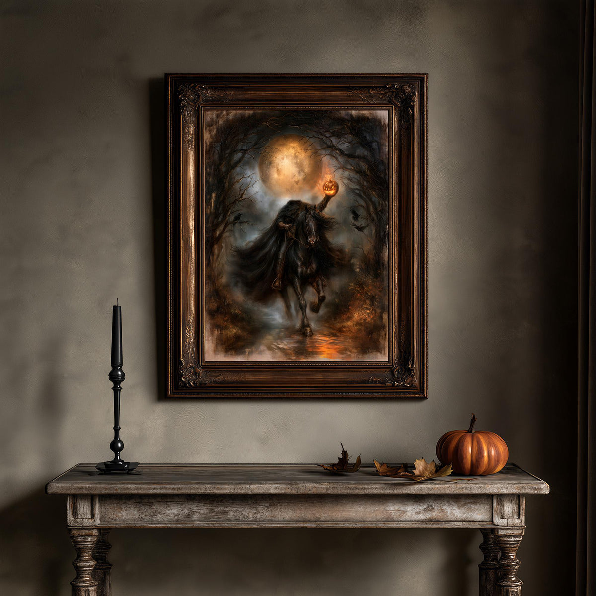 Shadowy horse and rider crossing a misty forest under an amber harvest moon