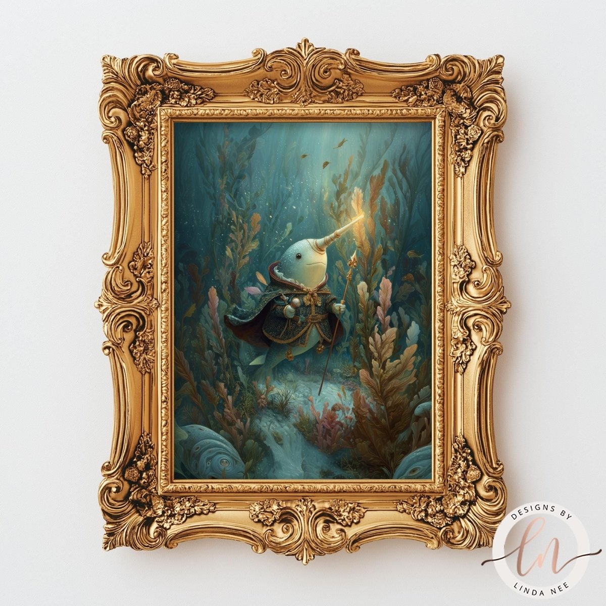 The image is a framed painting depicting a fantastical underwater scene with a creature resembling a mermaid or sea serpent swimming amidst vibrant marine life.