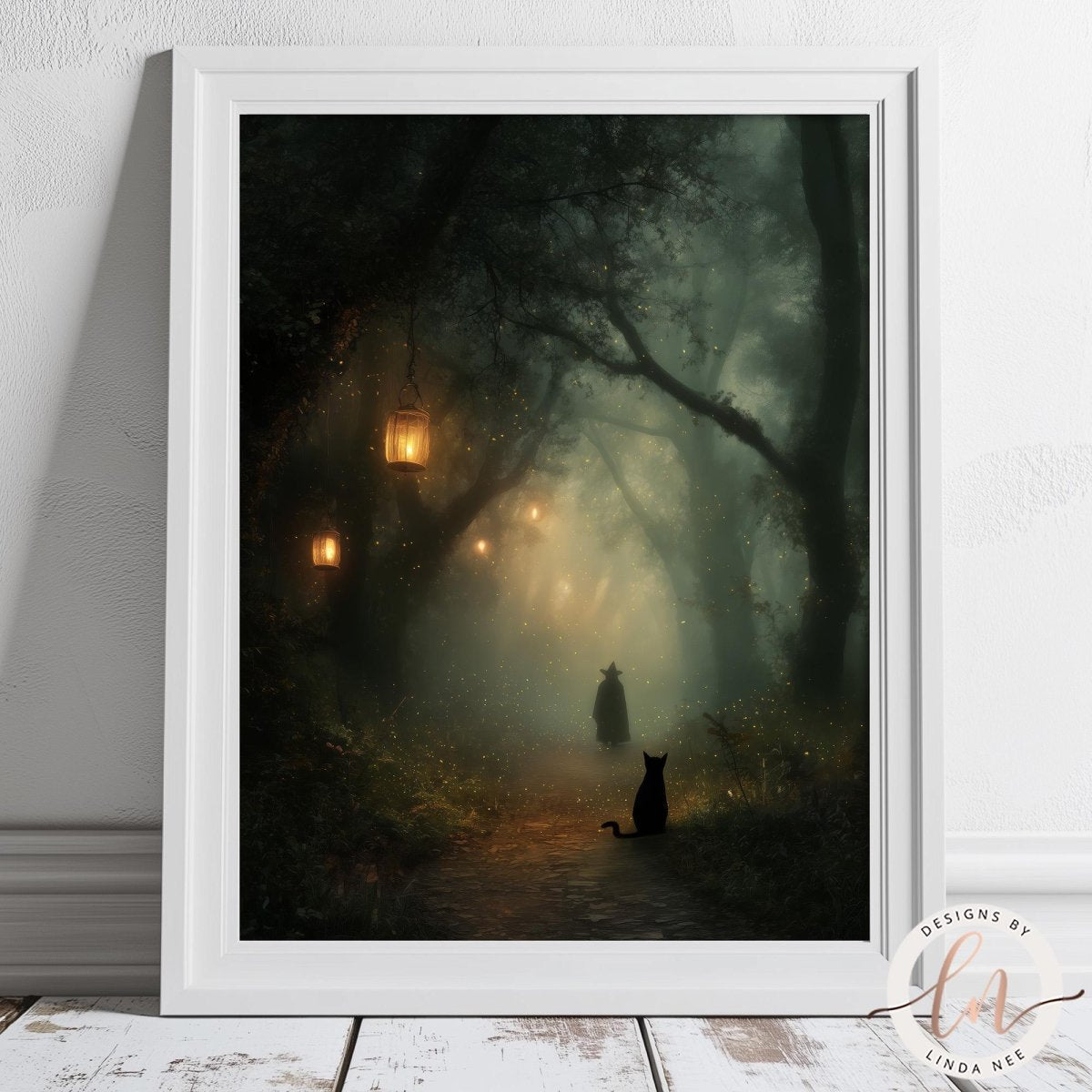 A black cat sits on a path in a misty forest, with a lantern hanging from a tree and another cat following behind.