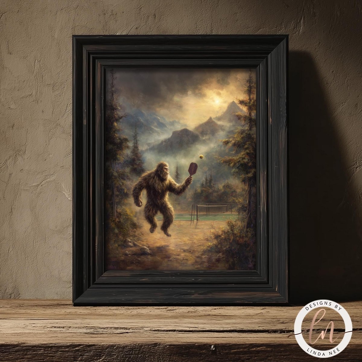 A framed painting depicting a large, furry creature resembling a giant or monster-like animal, holding a paddle and standing on a path surrounded by trees and mountains.