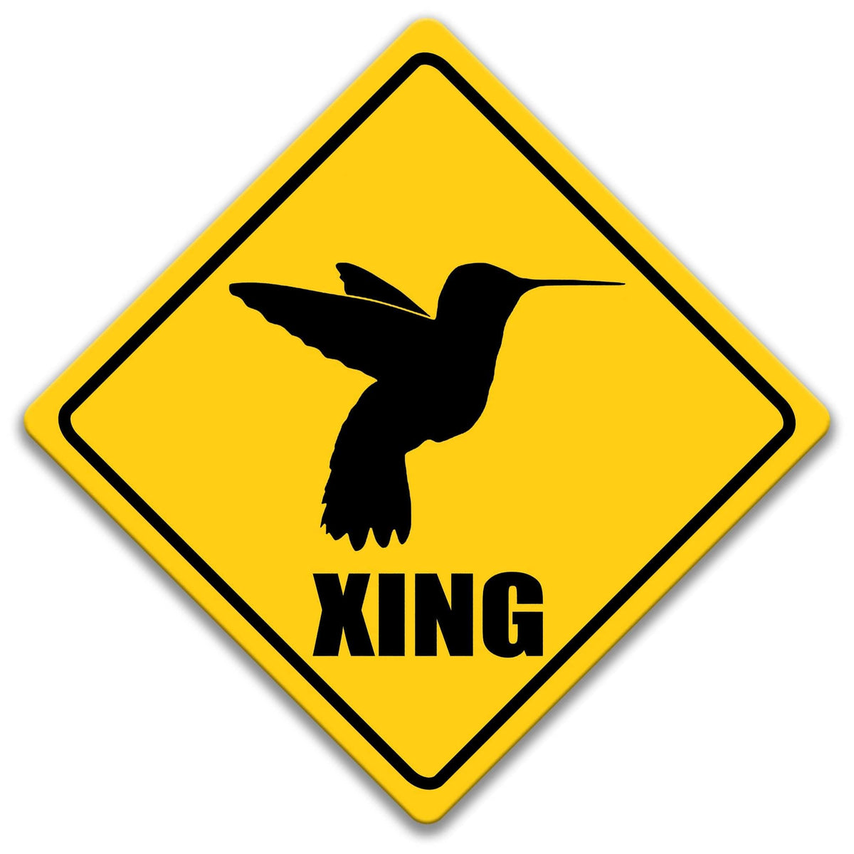 A yellow diamond-shaped sign with a black silhouette of a hummingbird in flight and the word "XING" below it.