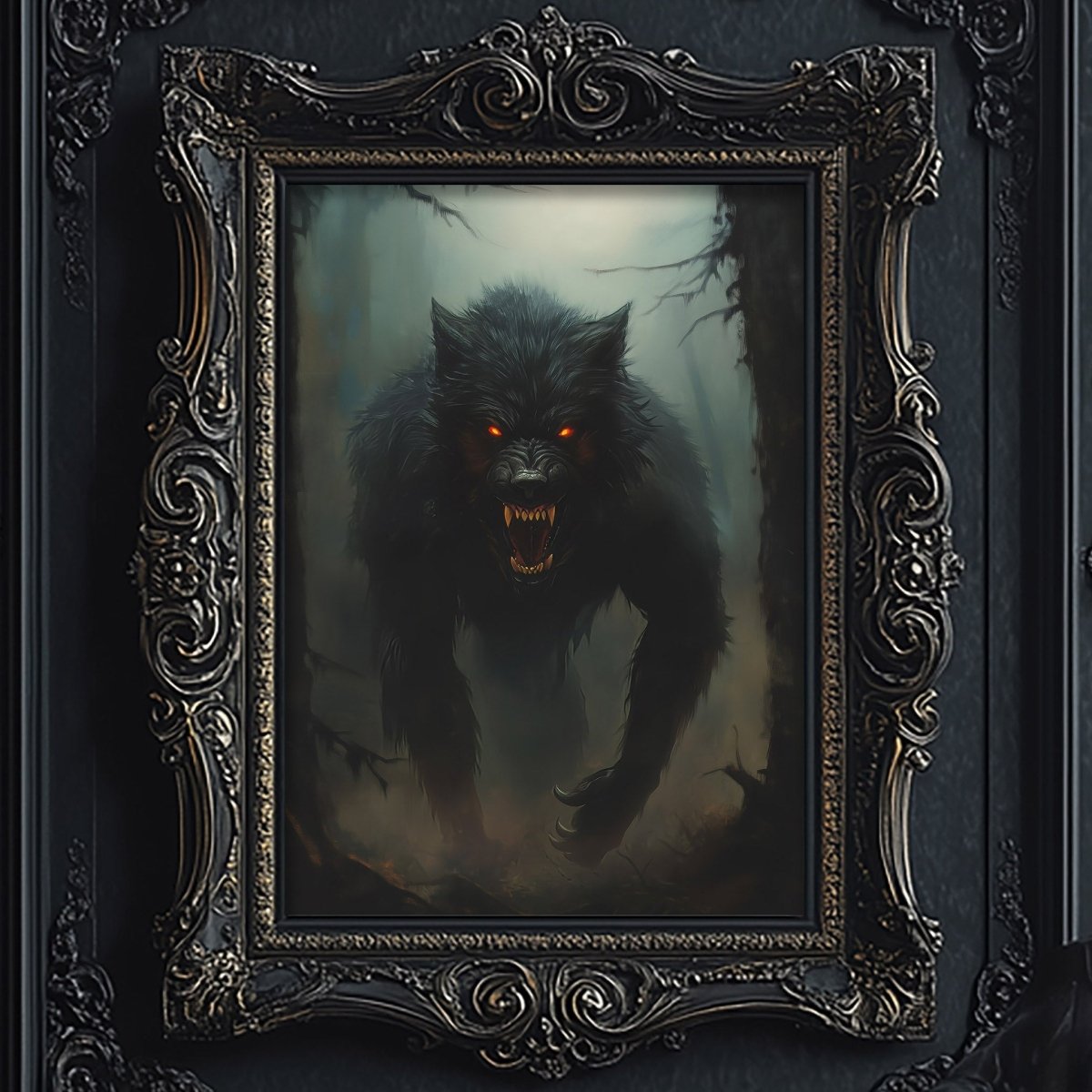 Growling black wolf with glowing red eyes and an open mouth
