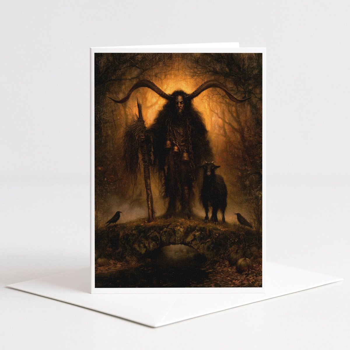 Krampus with a black goat and circling ravens on an old bridge in an autumn forest, folklore note card art
