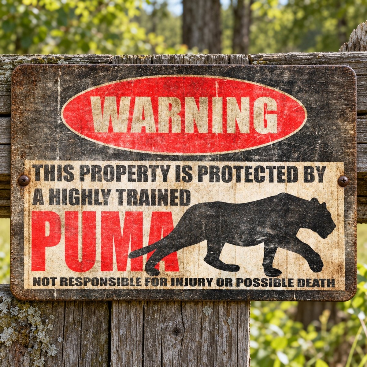 Highly Trained Puma metal warning sign stating it is not responsible for injury or possible death