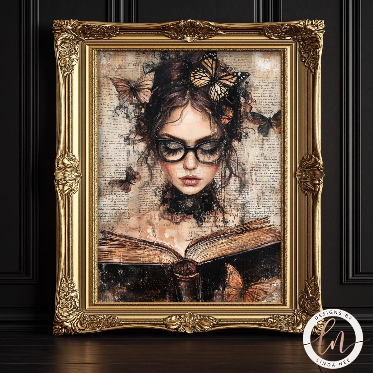 Woman reading a book with butterflies drifting around her