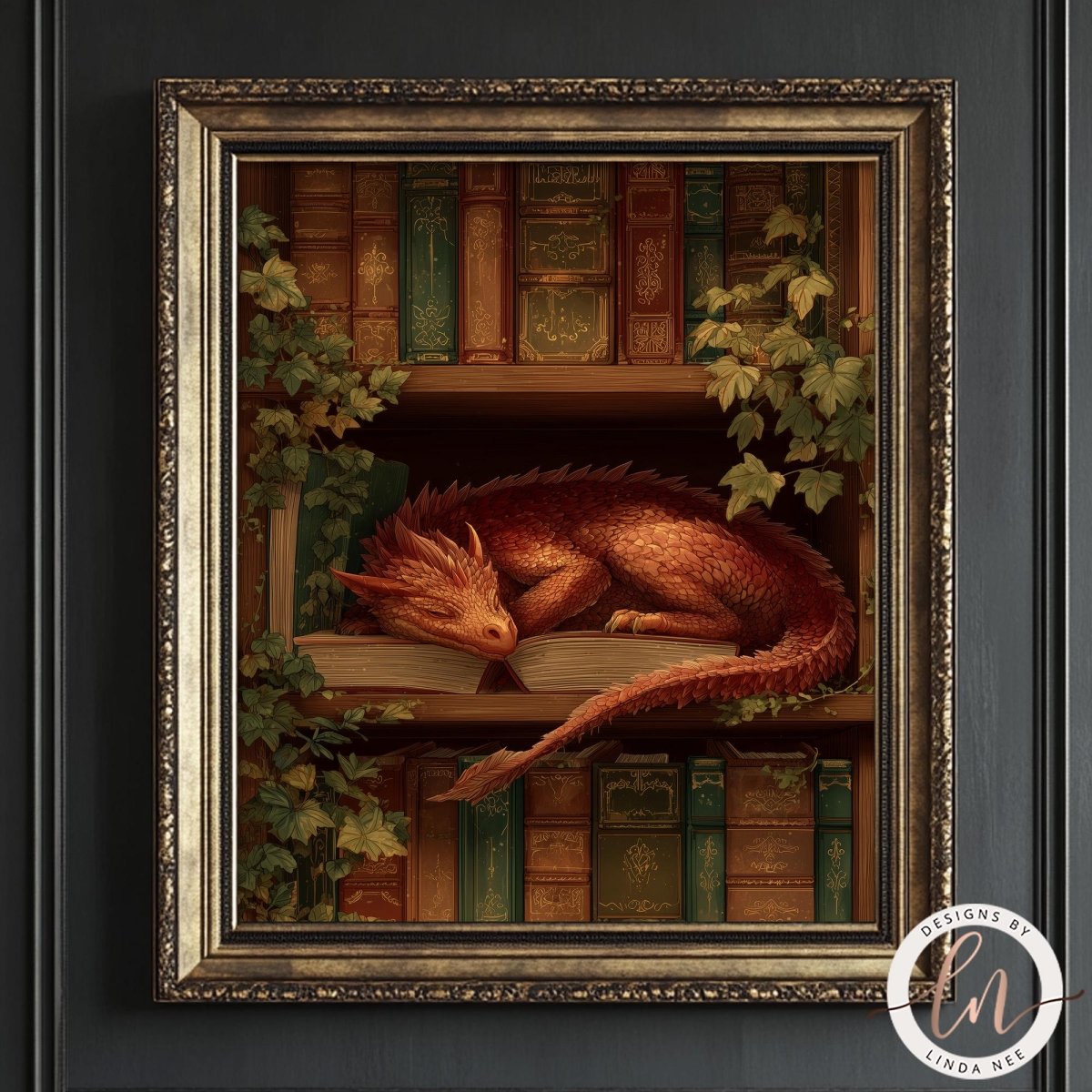 A framed painting depicting a red dragon resting on a book, surrounded by bookshelves filled with books.