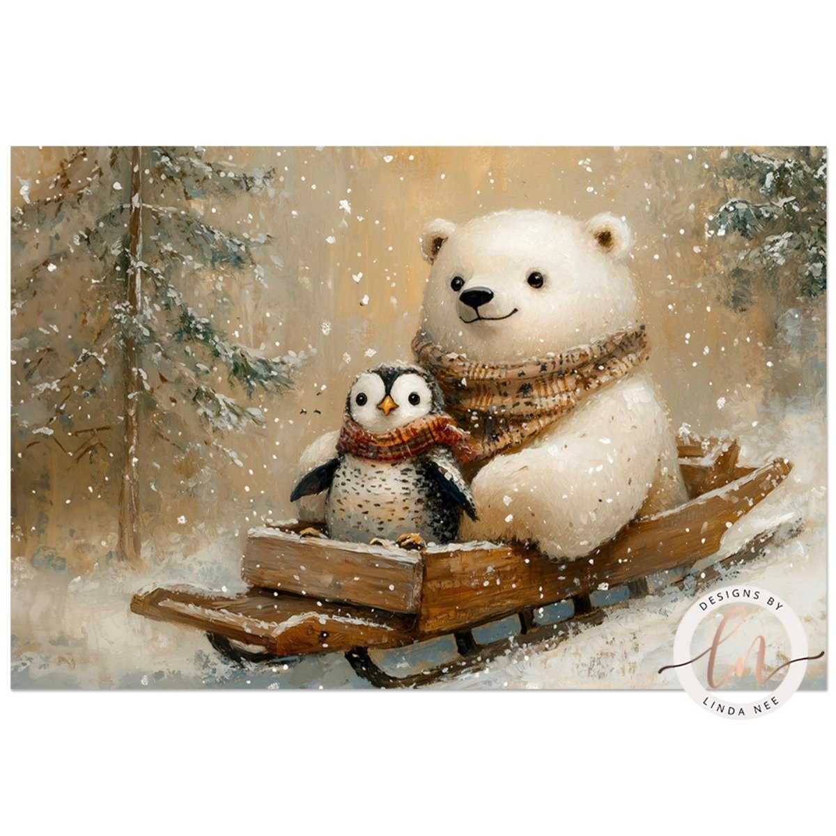 A white polar bear sits on a wooden sled, accompanied by a penguin, in a snowy winter landscape with snowflakes falling around them.