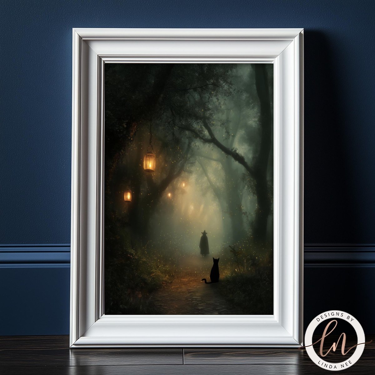 A framed painting depicting a serene forest scene with a path leading through the trees, illuminated by lanterns hanging from the branches, creating a mysterious and enchanting atmosphere.