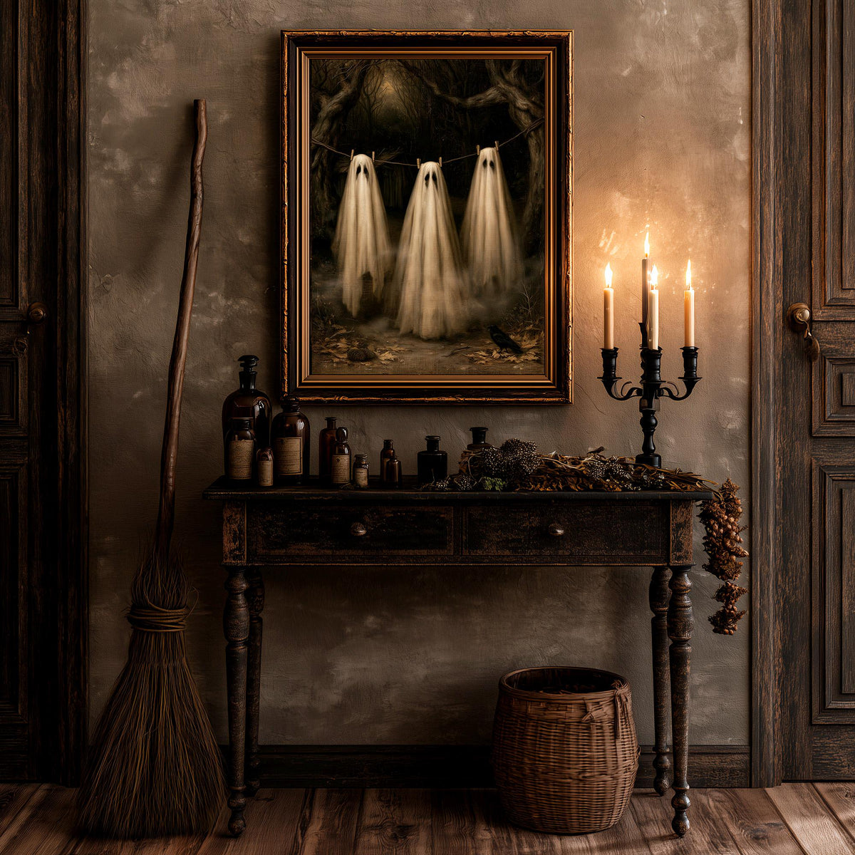 Ghost clothesline wall art displayed above a table set with a lit candelabra