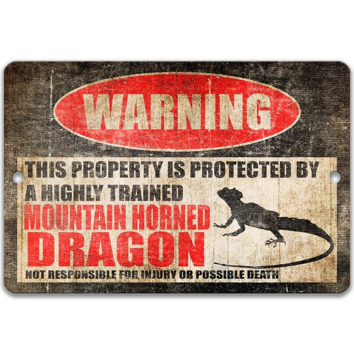Mountain Horned Dragon warning sign, red WARNING oval, this property is protected by a highly trained Mountain Horned Dragon, with mountain horned dragon lizard silhouette