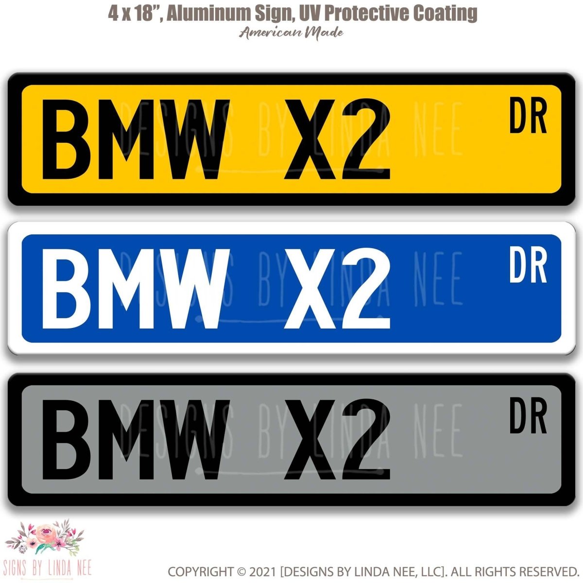BMW X2 DR street name sign shown in three aluminum color options