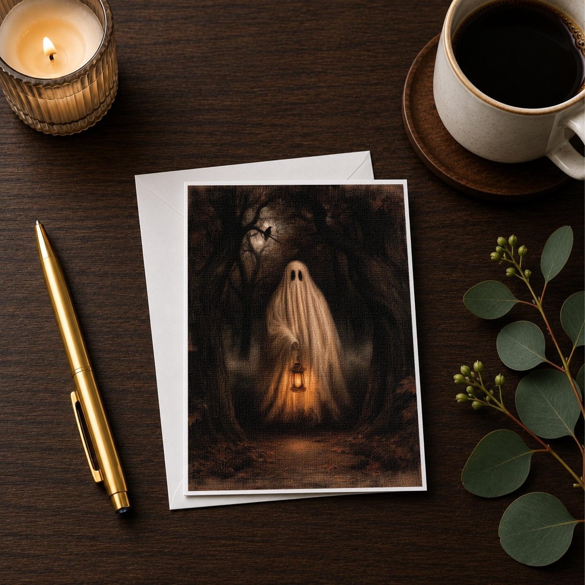 Ghost with lantern Halloween note card styled with a candle, pen, and coffee cup on a wooden desk
