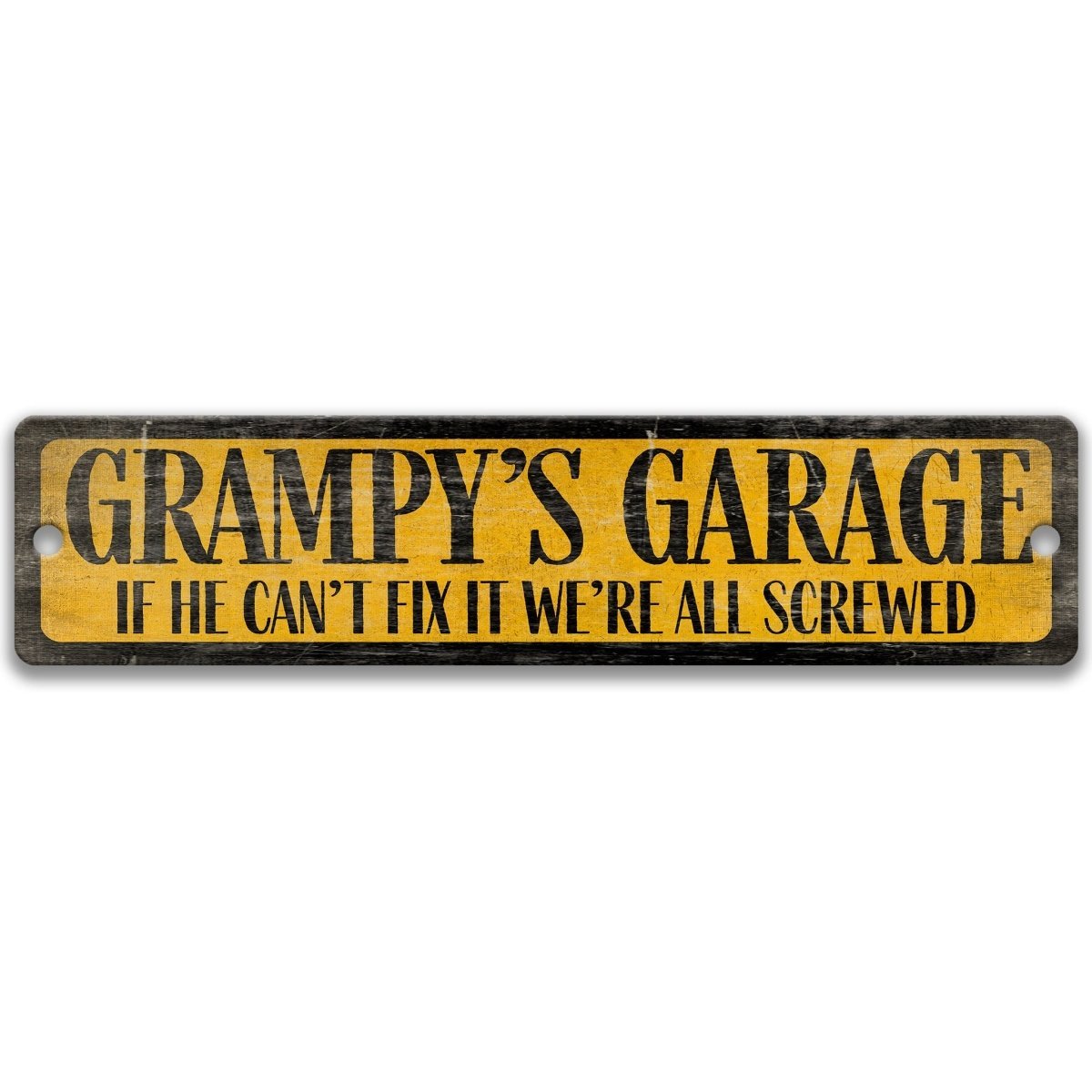 The image is a sign with the text "GRAMPY'S GARAGE" in black and yellow letters.