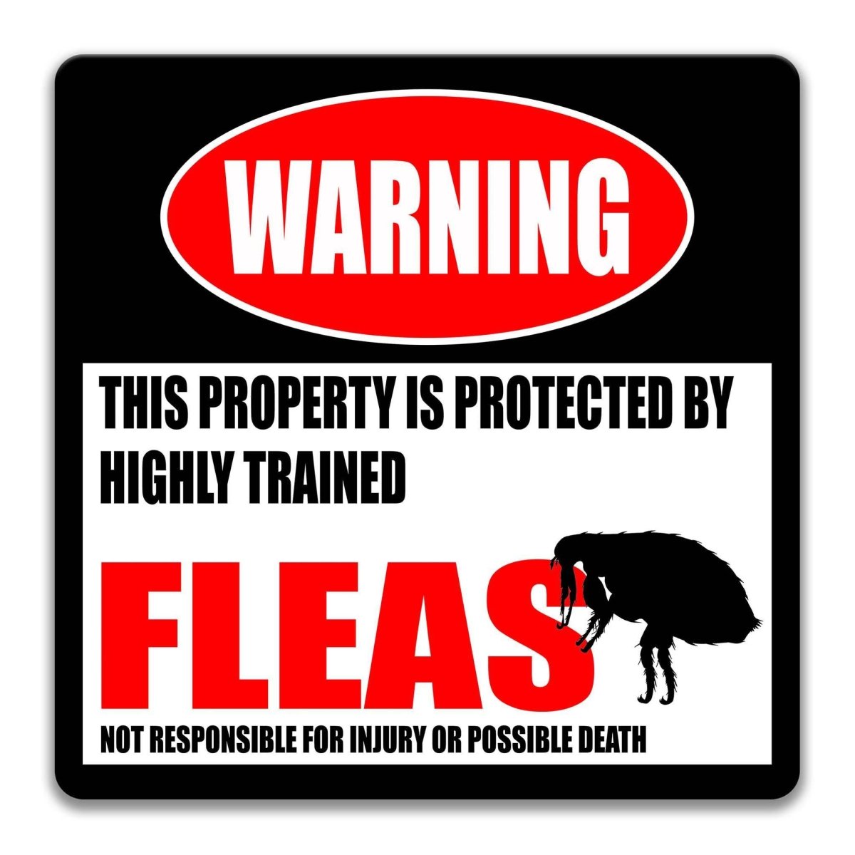 Square fleas warning metal sign, black background with red WARNING banner and flea-with-umbrella silhouette