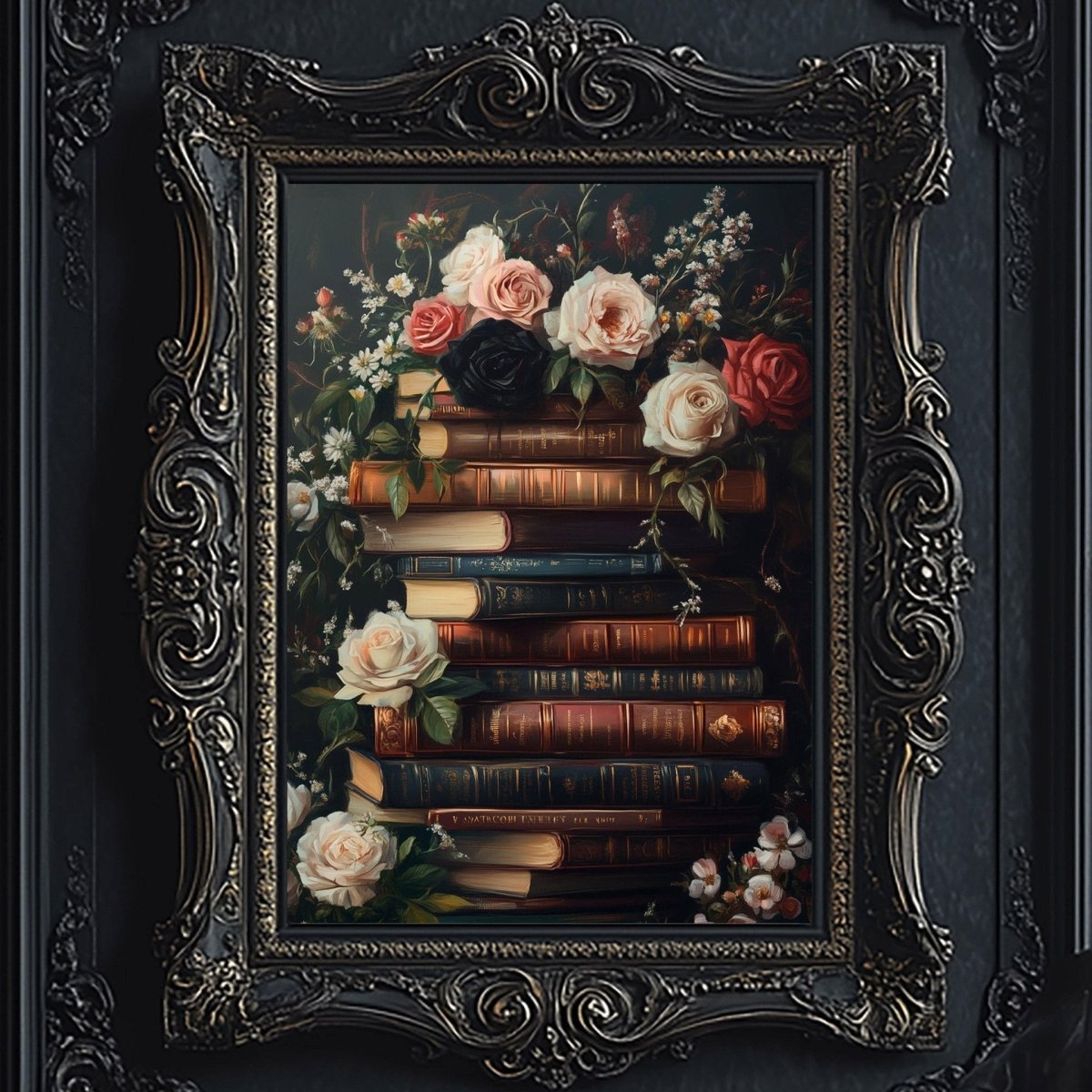 Stack of old books with roses and white flowers on top
